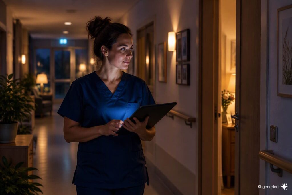Eine Nachtwache geht ihre Abendrunde in einer Klinik