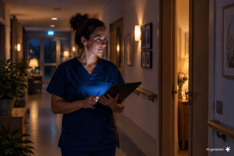 Eine Nachtwache geht ihre Abendrunde in einer Klinik