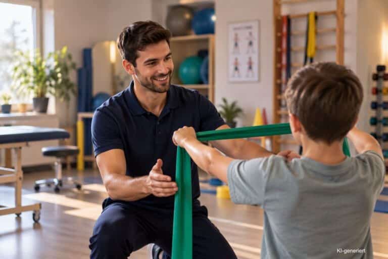Sporttherapeut macht in einem Trainingsraum Übungen mit einem Kind